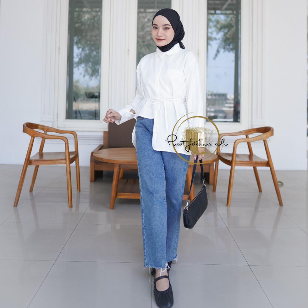 Donna Blouse Atasan Wanita Kasual Linen Polos XL Putih