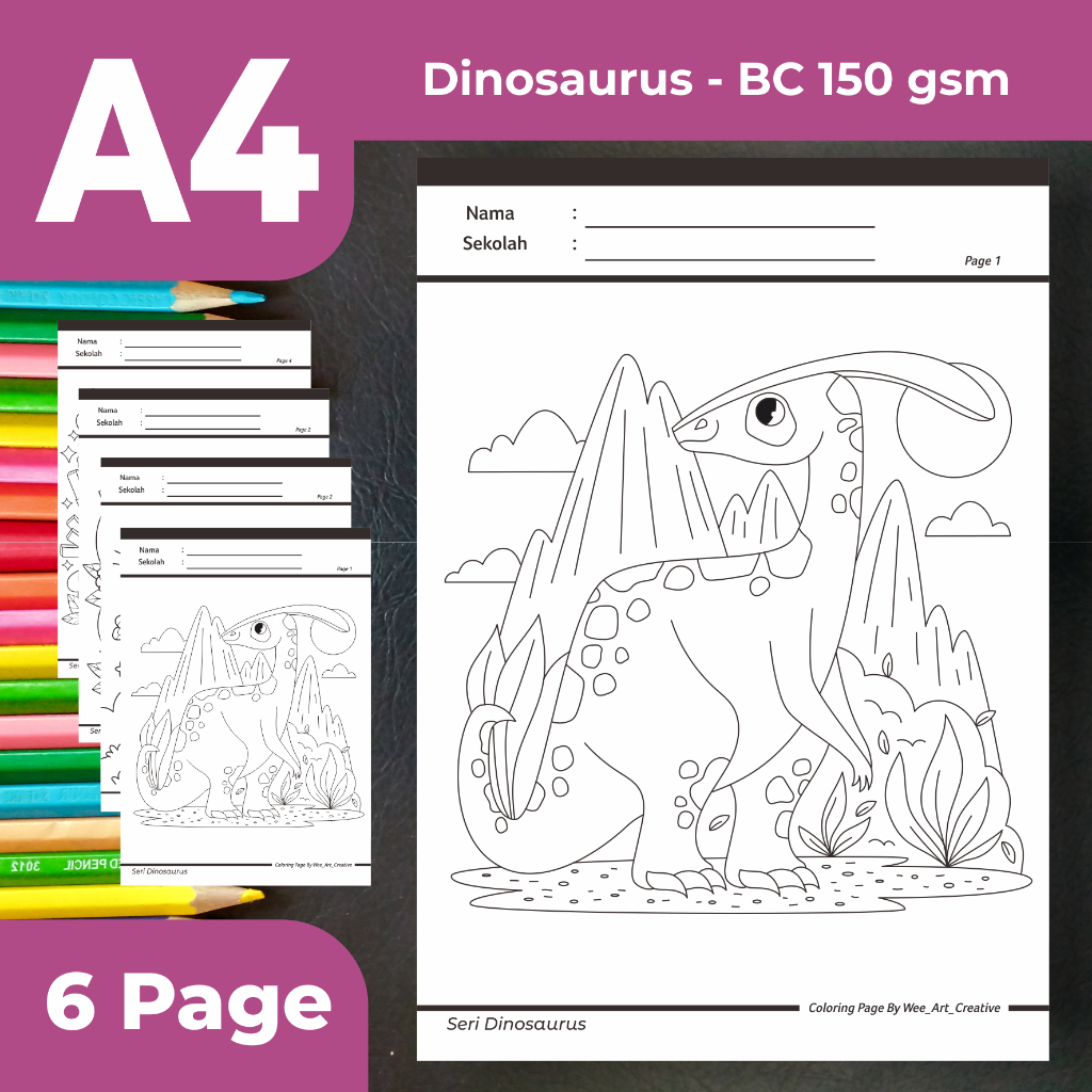 

Coloring Page Dinosaurus | Kertas Gambar/Mewarnai untuk TK/PAUD Seri Dinosaurus / Ukuran A4 Bahan Tebal