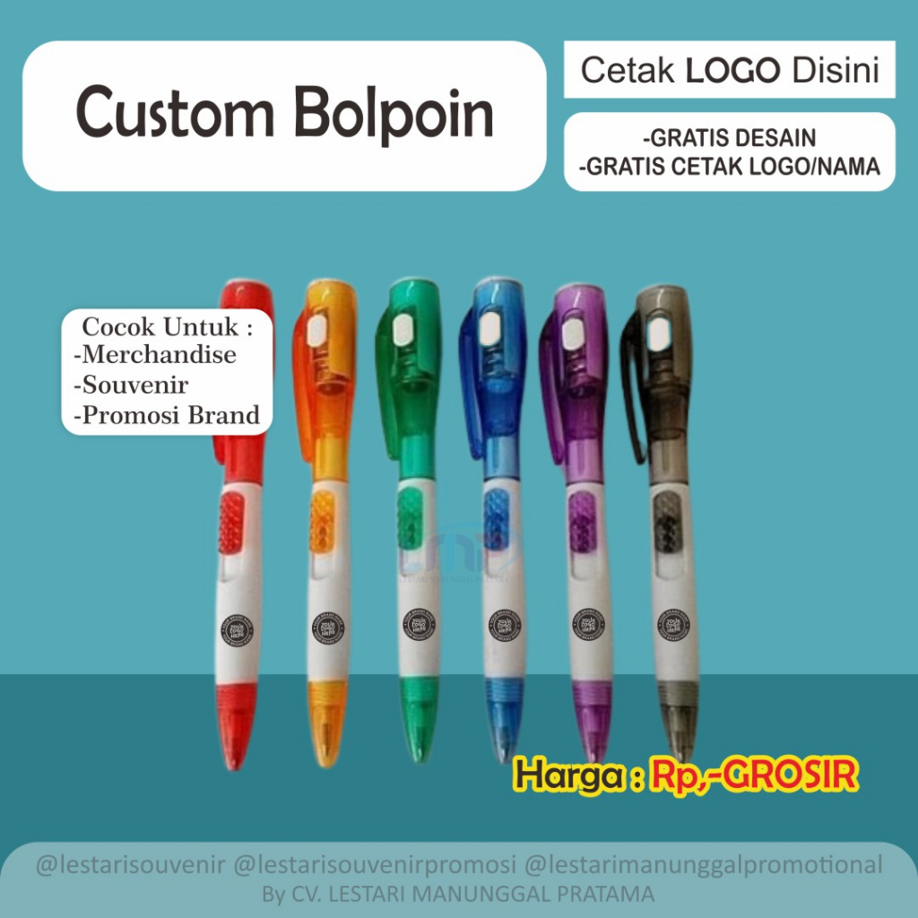 Souvenir  Bolpoint Senter Custom (PP-12) /Cetak Bolpoint Tali/ Sablon Bolpoint/ Pulpen Souvenir Prom