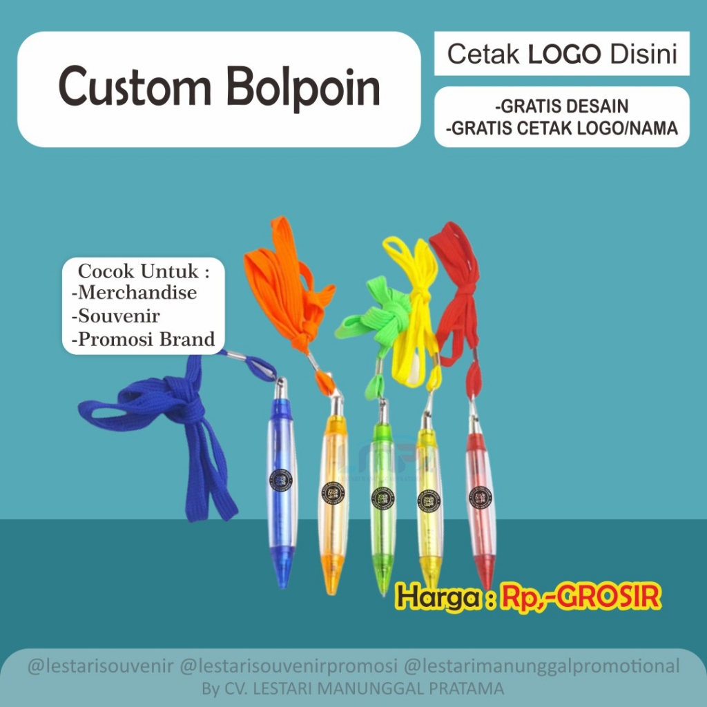 

Souvenir Bolpoint Custom (PP-09) /Cetak Bolpoint Tali/ Sablon Bolpoint/ Pulpen Souvenir Promosi/ Bolpoint Souvenir Coorporate/Pulpen Souvenir Perusahaan/Bolpoint Mercahndise Seminar Kit