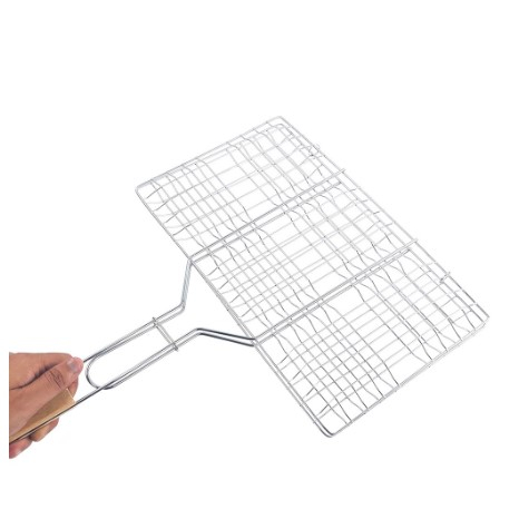 Panggangan Ikan Stainless Steel Panggangan Sate Ayam Panggangan Capit Gagang Kayu Alat Bakaran Sate