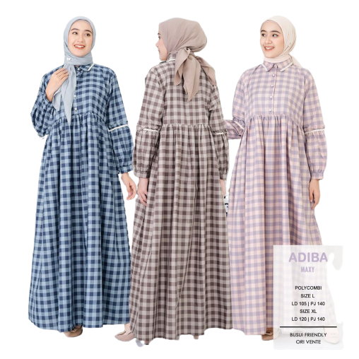 Vente Daily Adiba Maxy Gamis Wanita Policombi Motif Kotak Busui / Pakaian Wanita LD 120 Long Tunik