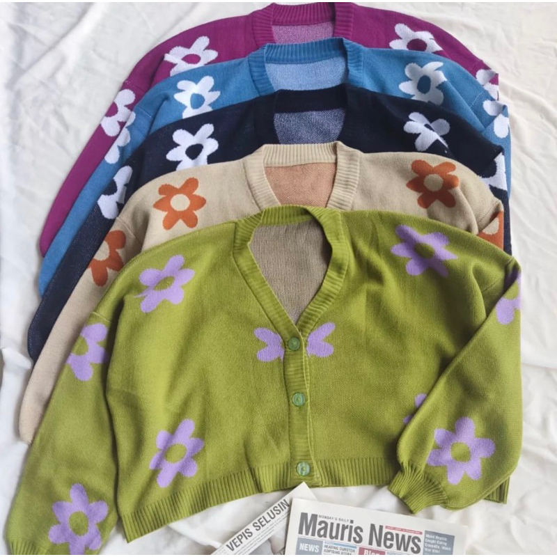 CELINE CARDIGAN FLOWER CARDIGAN OVERSIZE RAJUT WANITA MOTIF BUNGA FULL KANCING KNITWEAR