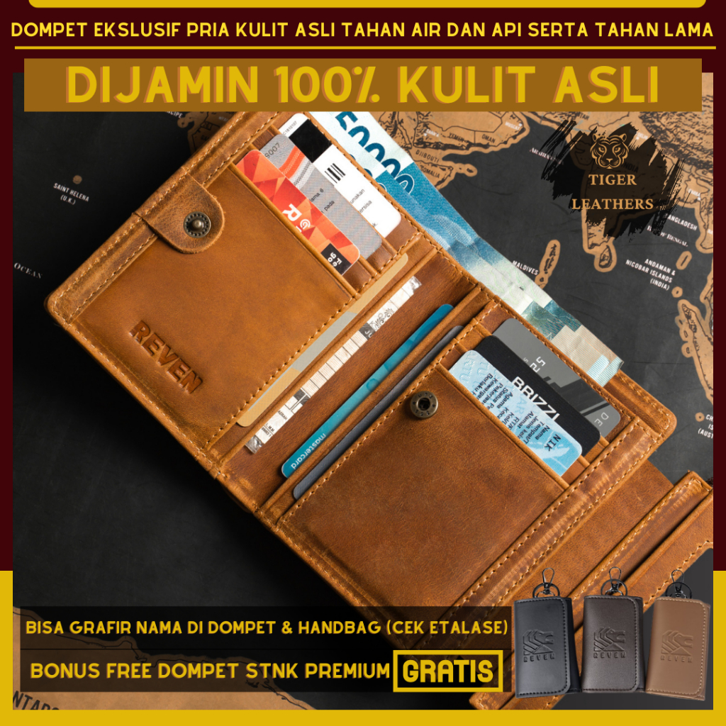 Tigerleathers - Dompet Pria Kulit Asli Cowok Kartu Lipat 3 Kulit Mini Tanggung