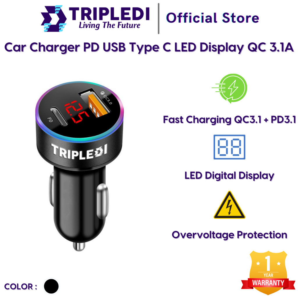 TRIPLEDI Car Charger HP QC 3.0 3.1A 2 Port USB Type C iPhone PD Fast Charging Mobil Samsung 38W Max 
