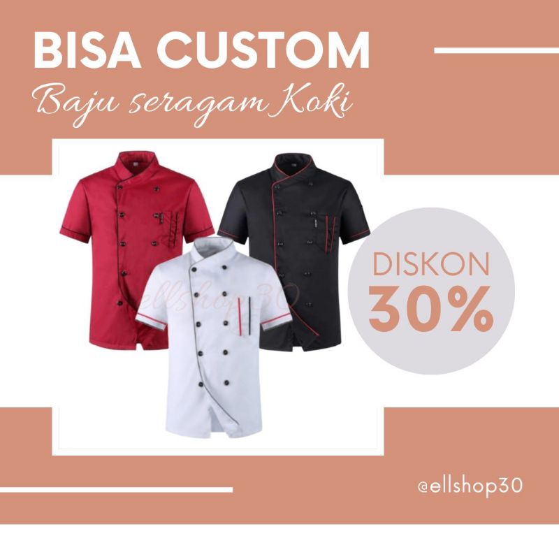 Baju Seragam Koki Chef Lengan Pendek Mandarin Bisa Custom Bordir