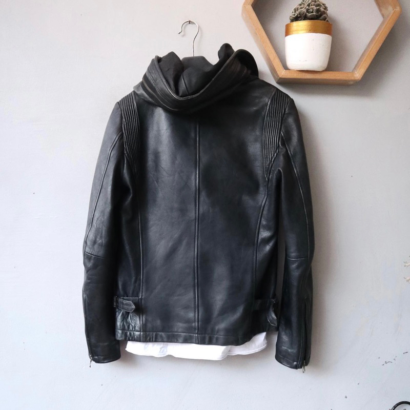 Jaket kulit asli tebal hoodie hudi harajuku Pl bekas preloved second Leather jacket