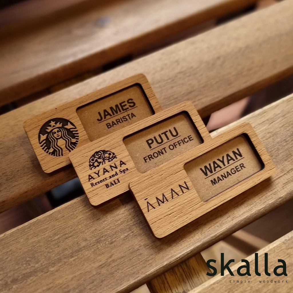 

name tag reusable kayu badge papan nama dada wooden nametag custom dapat diganti 2