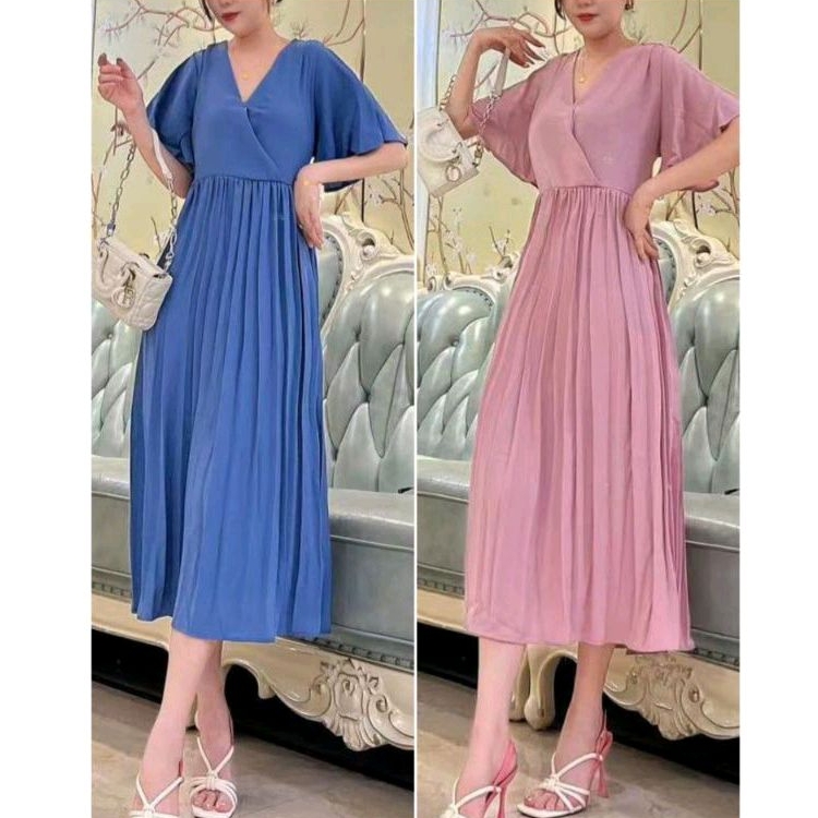 12820 Baju minidress PLEATED PLISKET VNECK WRAP MINI DRESS lengan pendek layer ngembang polos Korea 