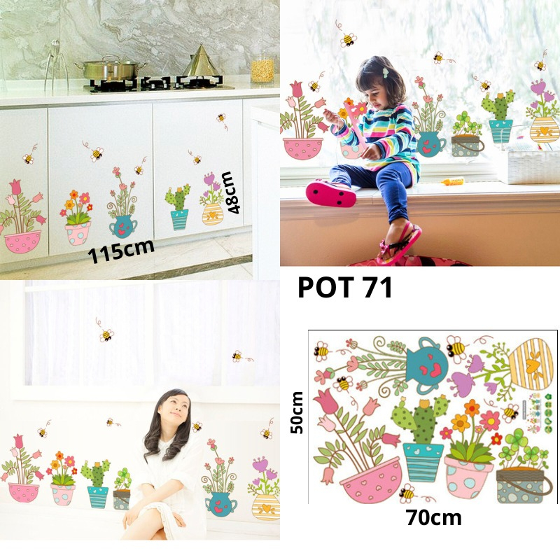 WALL STICKER  STIKER SETIKER WALLSTICKER DINDING GAMBAR MOTIF POT 71 BUNGA PINK TEMPELAN HIASAN DEKO