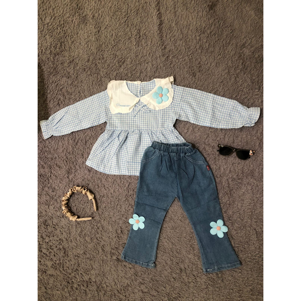 One Set Baju Korea kotak-kotak  Anak Perempuan  + Celana Panjang Jeans