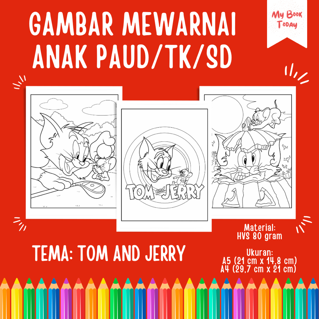 

[My Book Today] Lembar Kertas Sketsa Gambar Mewarnai untuk Anak Sekolah PAUD TK SD Tema Tom and Jerry