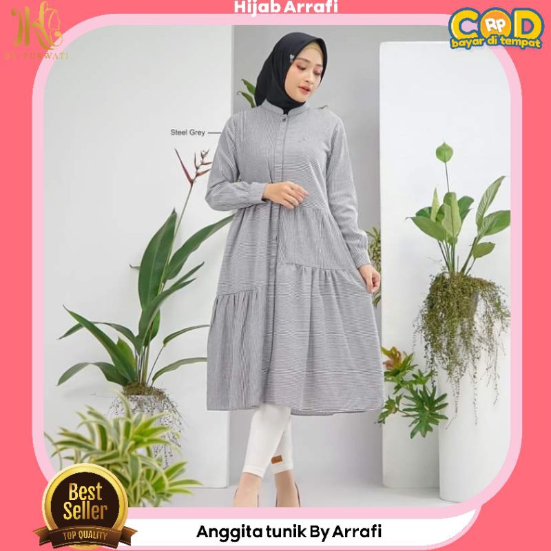 Anggita tunik arrafi bahan linen baju wanita kekinian lengan panjang motif salur ootd anak muda rema
