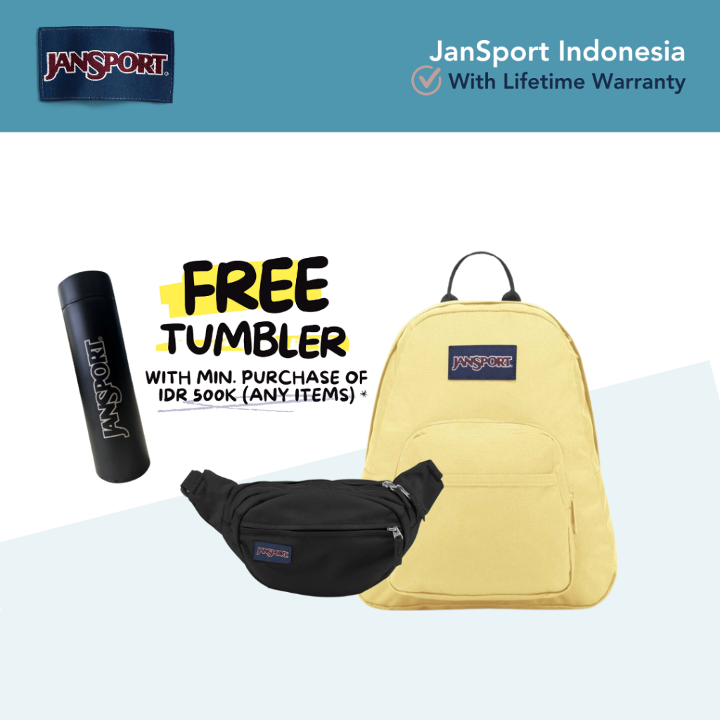 JanSport Paket Bundling Mini Ransel Half Pint Banana Waist Bag Fifth Avenue Free Tumbler 500ML