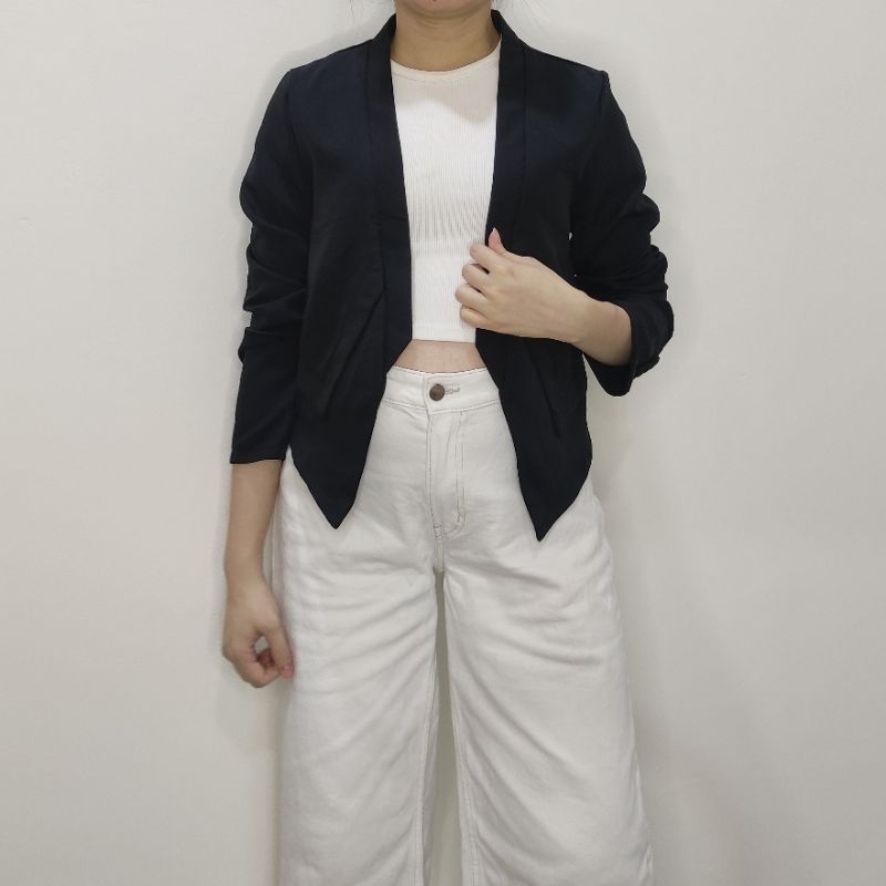else.wishes - Zalora Work Asymmetric Semi Crop Casual Black Short Blazer Premium Branded Vintage PL 
