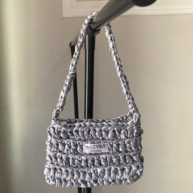 Silver | Fluffy satin crochet ribbon bag - Tas wanita - Shoulder bag