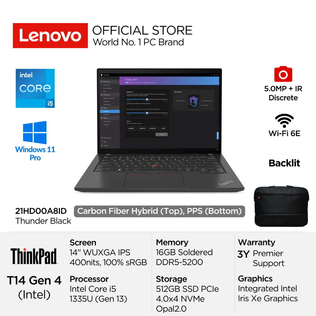 Lenovo ThinkPad T14 Gen 4 A8ID Intel Core i5 1335U Win11 Pro 16GB 512B SSD 14" WUXGA IPS 100% sRGB A