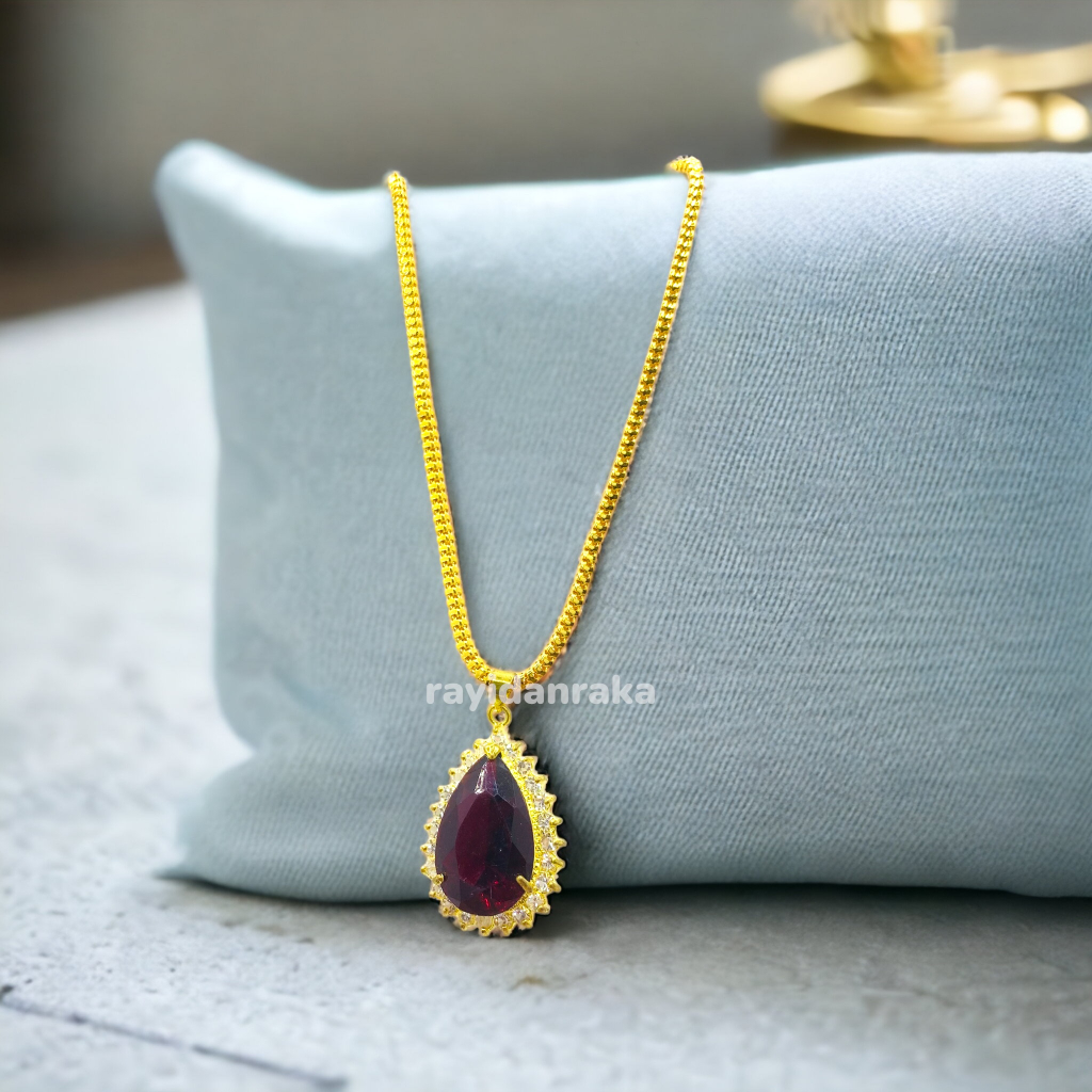 Rayidanraka Kalung wanita titanium xuping milano + liontin batu merah delima oval besar terbaru