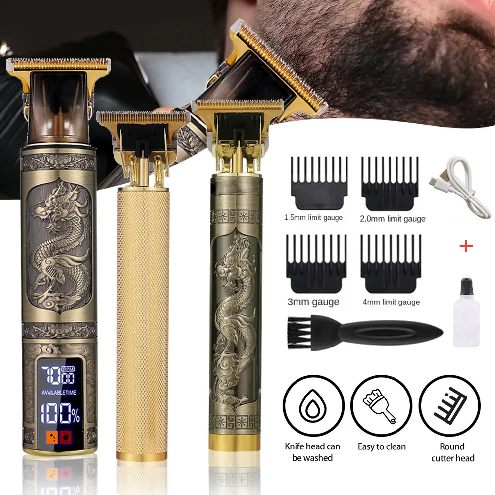 Alat pencukur rambut T9 USB Vintage pria, mesin pemangkas rambut tanpa kabel, pemotong jenggot profe