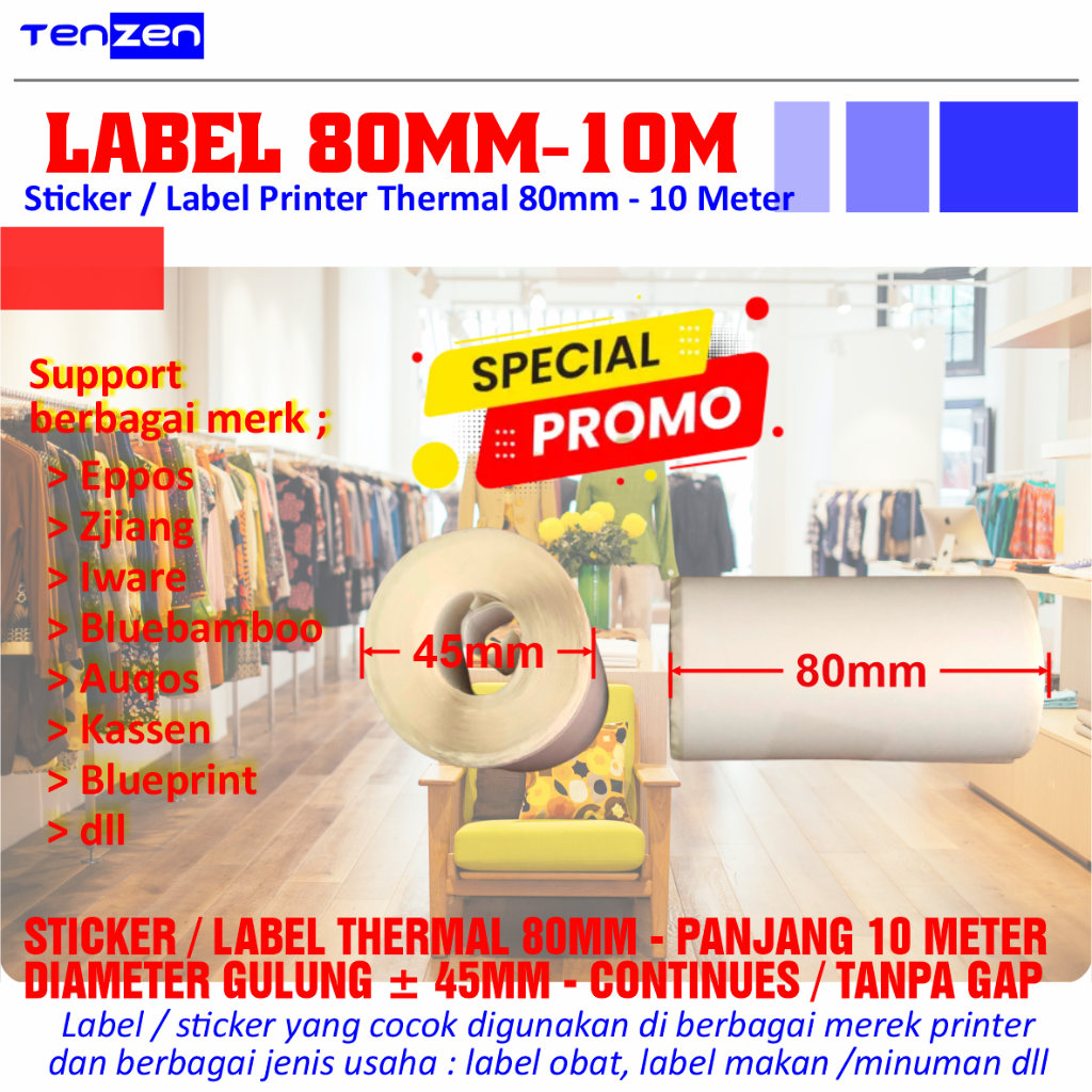 

Sticker Label Thermal 80mm x 45mm 10 meter Continues / Tanpa Gap