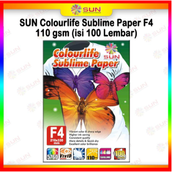 

Kertas Sablon Sublim Transfer Paper F4 110 Gram - SUN Sublime Max / Colourlife Sublime Paper isi 100 Lembar ( untuk mesin press mug, mesin press kaos, keramik, piring, topi, plat alumium, puzzle, bantal )