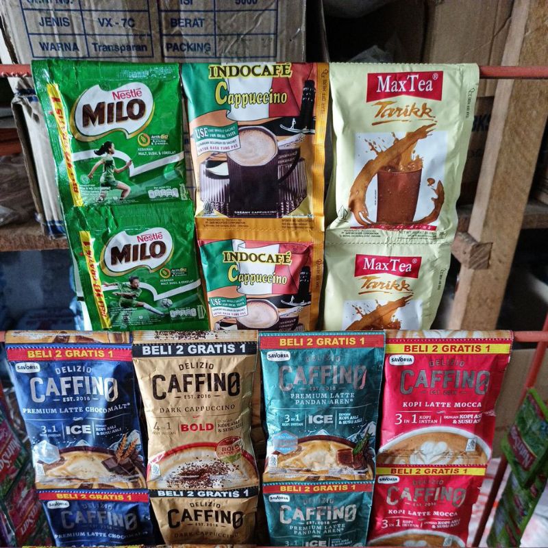 

Milo , indocafe cappucino , maxtea tarikk , caffino premium latte chocomalt , caffino dakr cappucino, caffino latte , cafinno latte moca