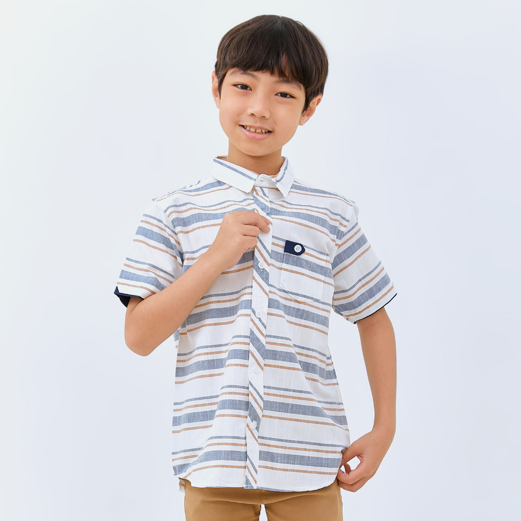 M231 Kemeja Anak Laki Laki Salur Stripe Pendek Putih 3161A