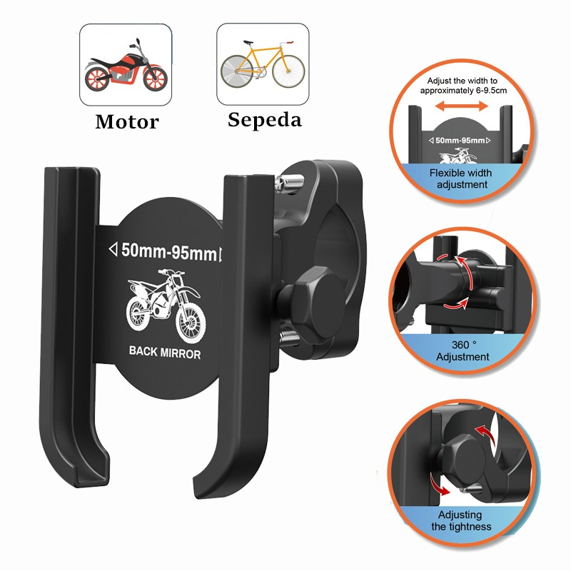 Holder HP Motor Rotasi 360 Sepeda Aluminum Alloy Holder GPS Bracket Mount Clip Support Moto Mirro Ha