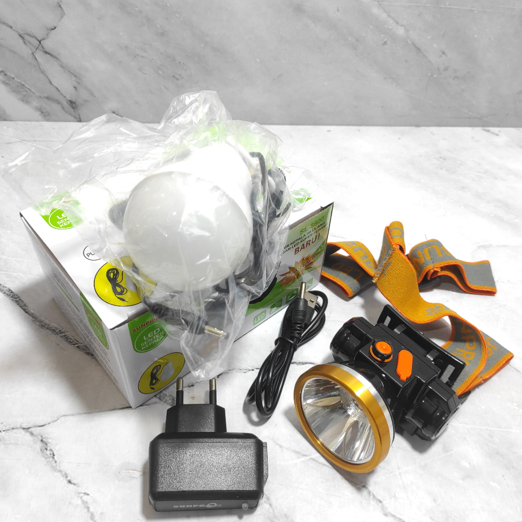 EVA Senter Kepala Sunpro SL-8800 Putih Headlamp 7 Watt Charger Bonus Lampu