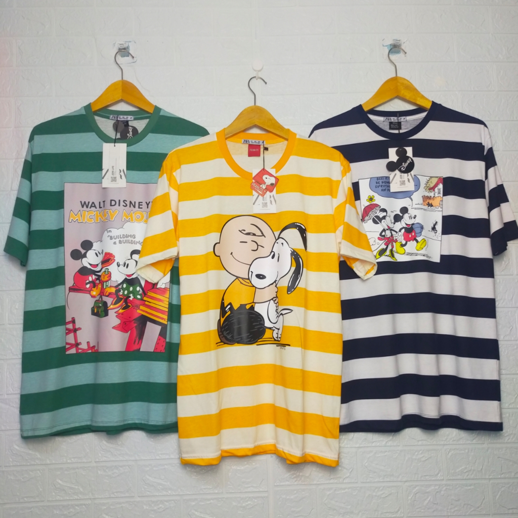 Baju pria wanita strip Zara disney Mickey mouse dewasa all size ld 110cm Sage navy lengan pendek pak