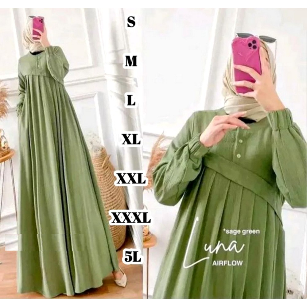 Gamis Dress Lipit Kondangan Lebaran Formal Hijau Sage Jumbo Kekinian Terbaru 2023