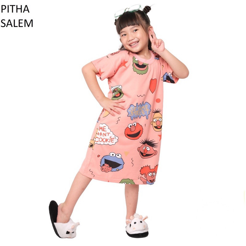 KIDS WEAR PITHA Motif Elmo Dress Anak Lengan Pendek Full Print usia 1 tahun sampai 9 tahun