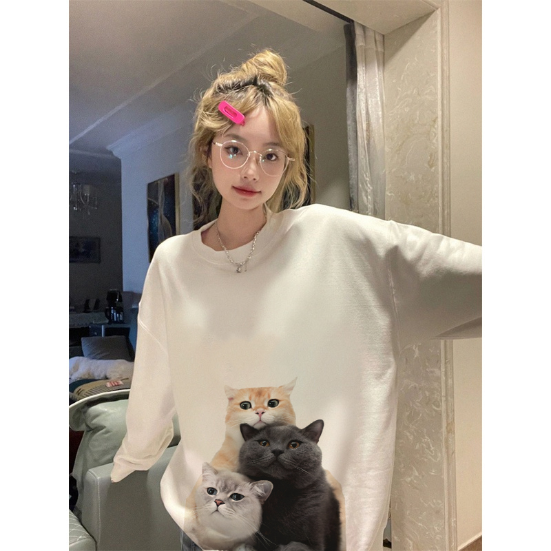 Sweater Lengan Panjang Tiga Kucing Korean Style/Hoodie Oversize/Switer Wanita