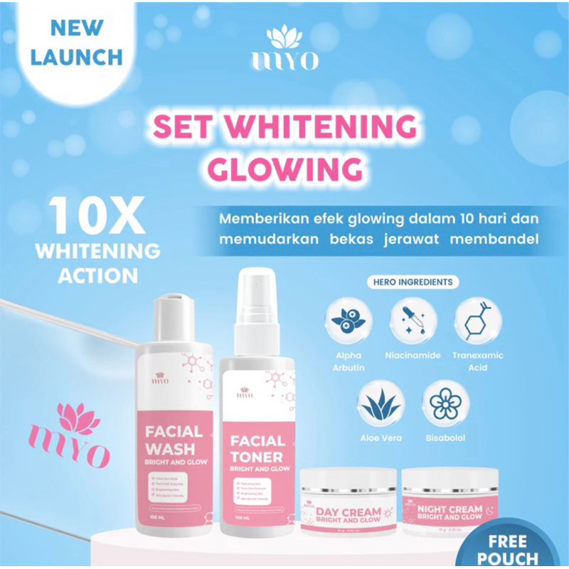 MYO SET SKINCARE WHITENING GLOW 1 SET 4 ITEM + FREE POUCH susah putih bekas jerawat