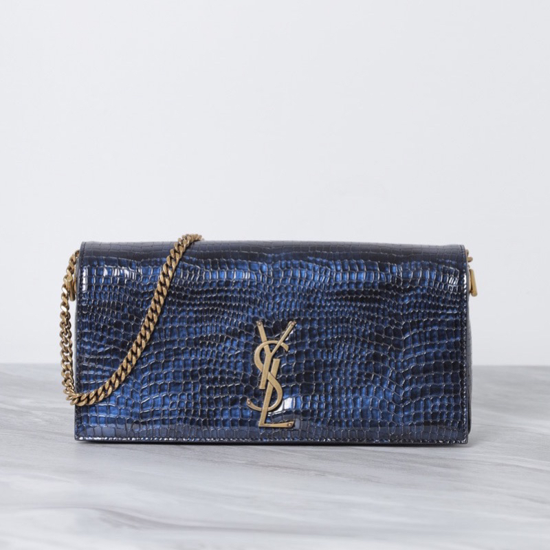 SAINT LAURENT Medium Kate 99 Chain Shoulder Bag in Dark Blue Croco Embossed Leather