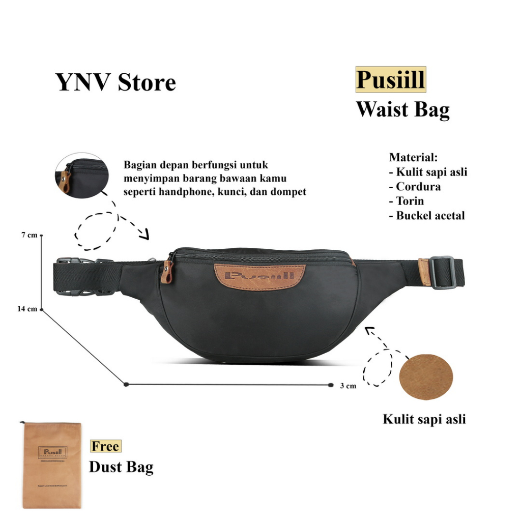 Tas Pinggang Pria Kulit Asli Kombinasi Waterproof Pusiill Waistbag