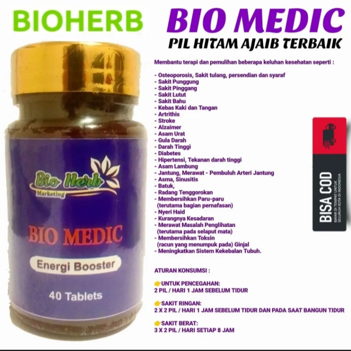 BIO MEDIC PIL HITAM MENGATASI SAKIT PERSENDIAN PEGAL LINU SAKIT BADAN 1 BOTOL ISI 40 PIL