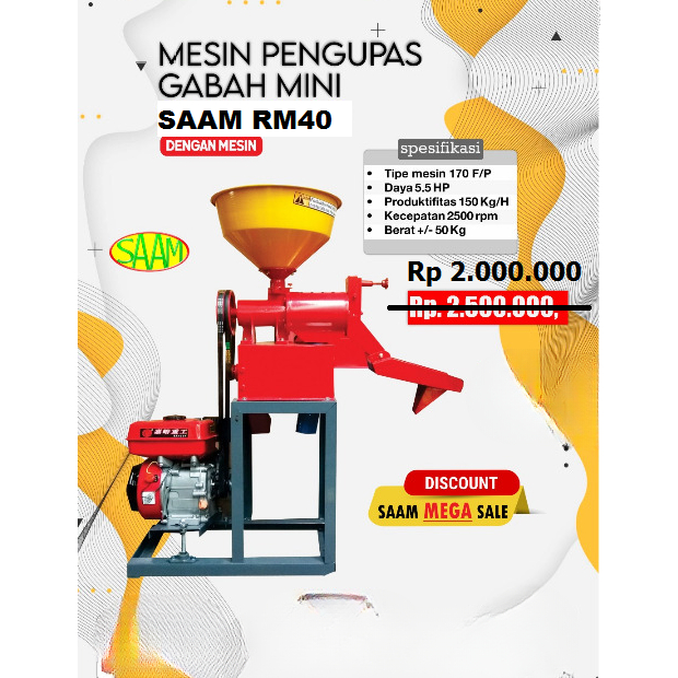 Alat Mesin Giling Padi Mini SAAM RM40 dengan Mesin Bensin