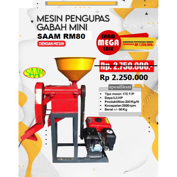 Alat Mesin Giling Padi Mini SAAM RM80 dengan Mesin Bensin