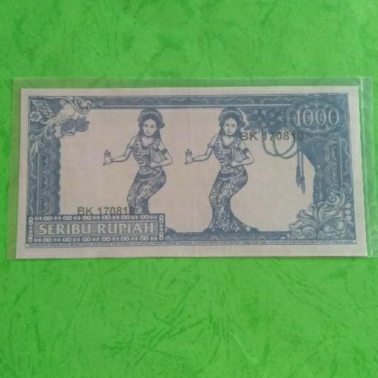 Uang kuno 1000 biru Soekarno Menggulung 2 Penari