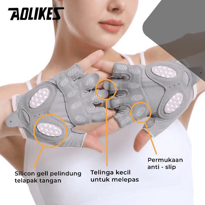 Sarung Tangan Aolikes HS121 Gym Fitness Sport Gloves Anti-Slip Padding Silicone