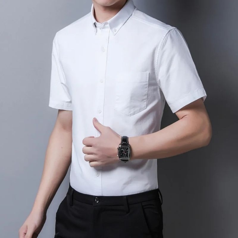 Kemeja Cowok Polos Keren Outfit Pria Terbaru Lengan Pendek Putih Hitam Navy Marron Abu