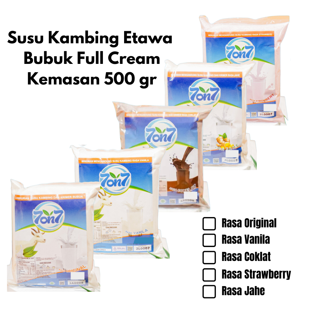 

Susu Kambing Etawa Bubuk FullCream 7on7 BPOM Halal 500g Rasa Original/Vanila/Cokelat/Strawberry/Jahe