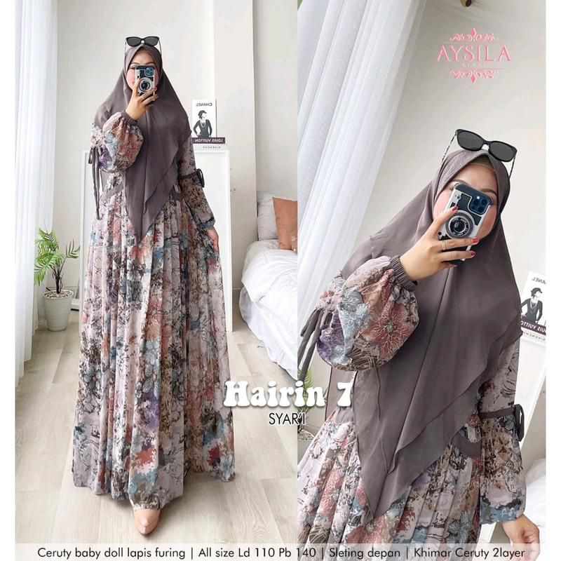 BEST SELLER HAIRIN 7 LD110 & LD120 (LABEL SAVNA) SET GAMIS SYARI CERUTY MOTIF TERBARU BEST SELLER