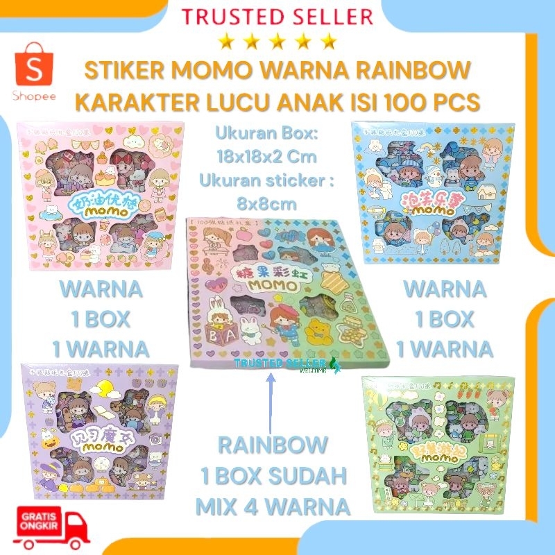 

STIKER MOMO RAINBOW MIX WARNA SEBOX ISI 100PCS ORIGINAL KARTUN WATERPRROOF MIX WARNA BARBIE MIXUE MASU