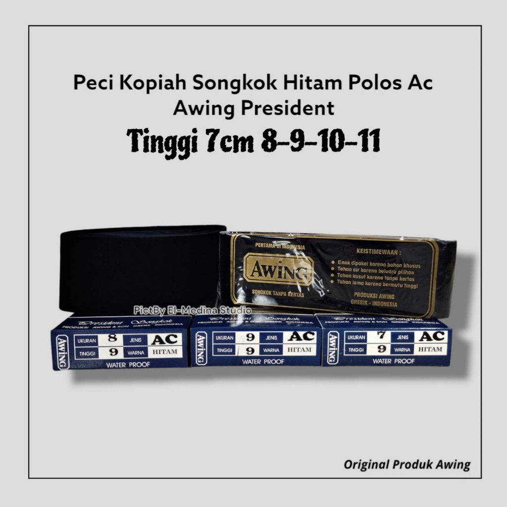 Peci Hitam Awing AC Tinggi 7cm 8-9-10-11 Songkok Presidendt Original Kopiah Halus Tanpa Kertas