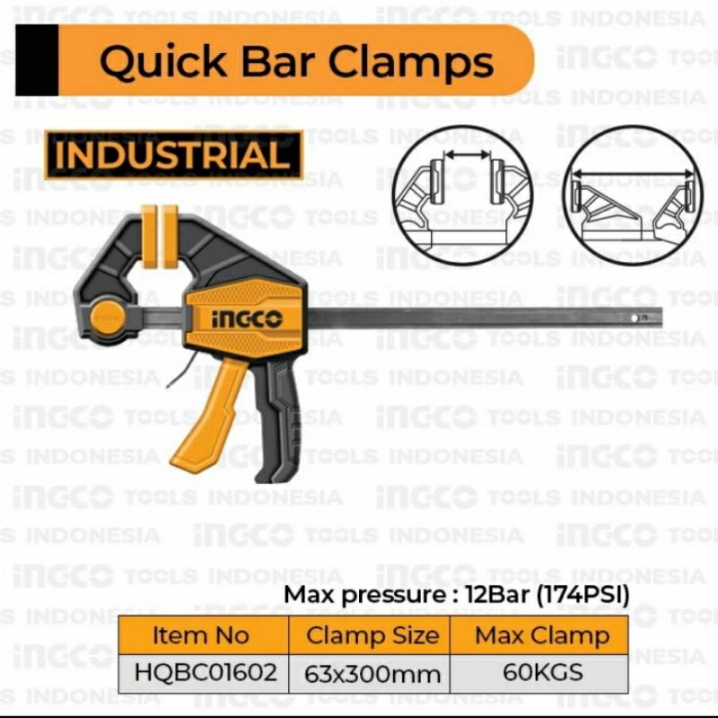 Klem F/Bar clam (12") Quick release INGCO HQBC01602-clem kayu kaca