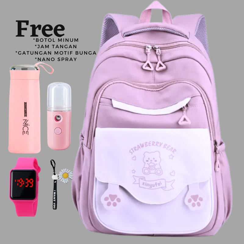 Tas Ransel Karakter Strawberry Bear Tas Terbaru Free Botol minum Free Jam Tangan Free Nano Spray Bac