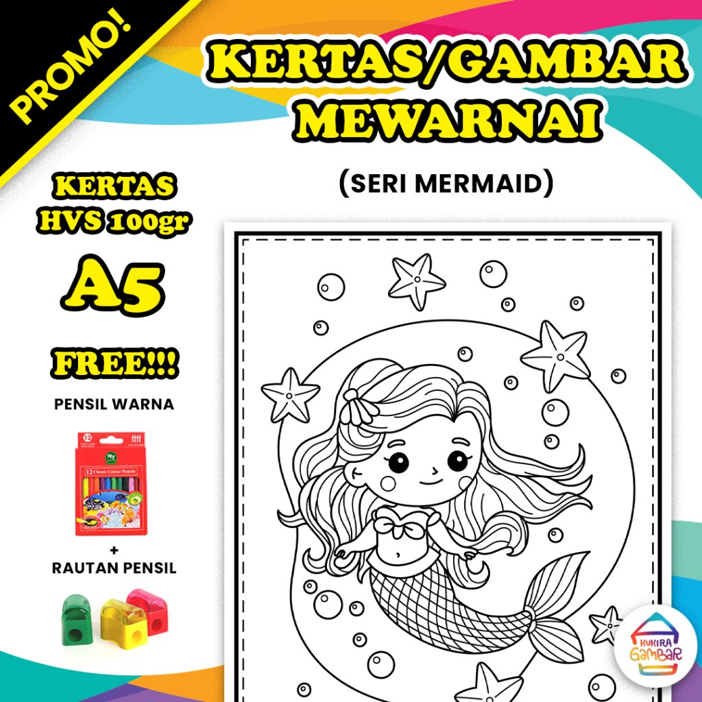 

Kertas Mewarnai / Gambar Mewarnai SERI MERMAID Untuk Anak PAUD TK SD HVS 100gr Bukan Buku Mewarnai