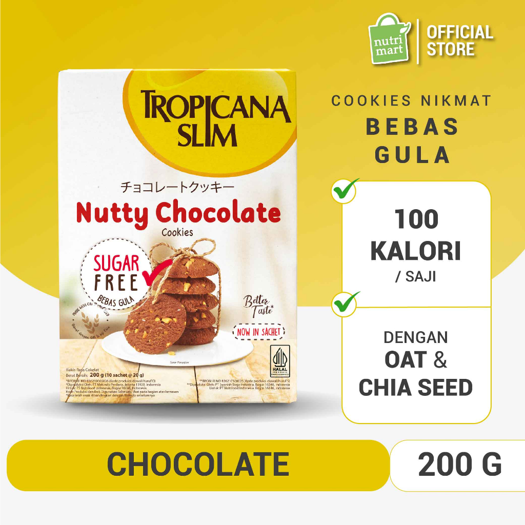 

Tropicana Slim Nutty Cookies Chocolate 200gr - Snack Biskuit Diet Rendah Kalori Bebas Gula